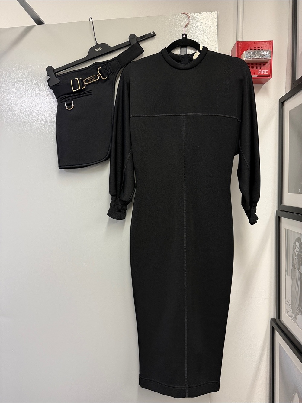 Fendi Black High-Neck Midi Dress with Attached Belt Detail